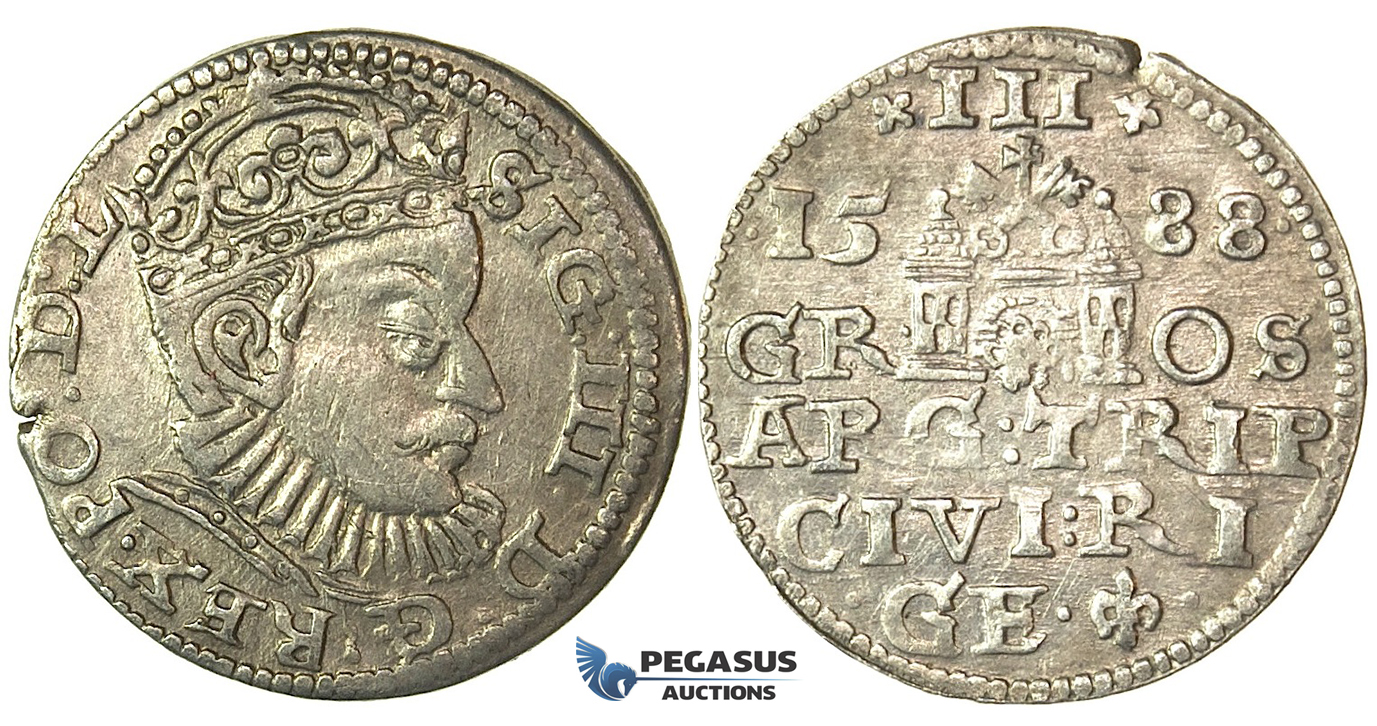 T106, Poland (for Riga) Sigismund III, 3 Groschen (Trojak) 1588, Riga, Silver (1.98g)