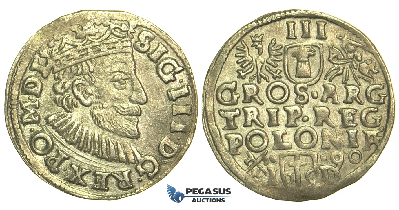 T12, Poland, Sigismund III, 3 Groschen (Trojak) 1590 I/D, Poznan (Posen) Silver (2.17g) Iger P.90.1d, Toned VF