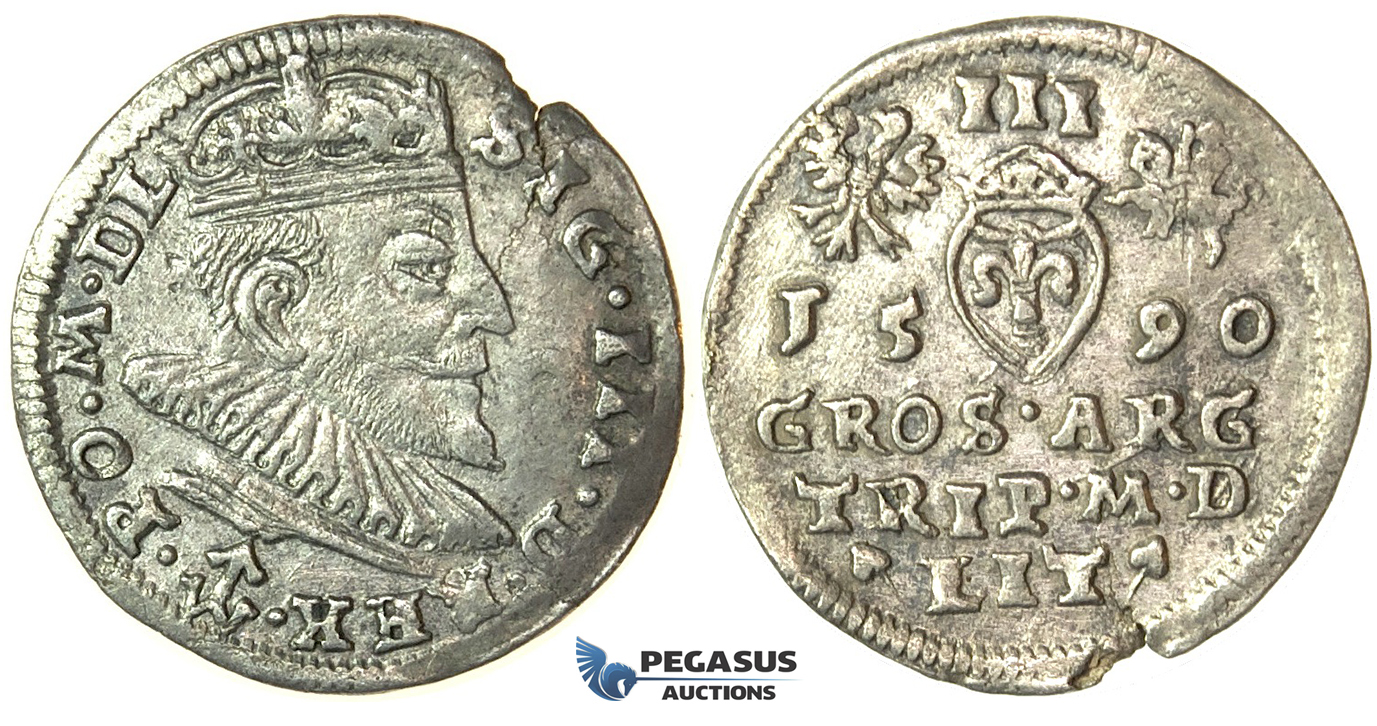 T15, Poland (for Lithuania) Sigismund III, 3 Groschen (Trojak) 1590, Vilnius, Silver (1.89g)