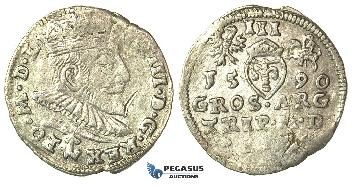 T16, Poland (for Lithuania) Sigismund III, 3 Groschen (Trojak) 1590, Vilnius, Silver (1.91g)