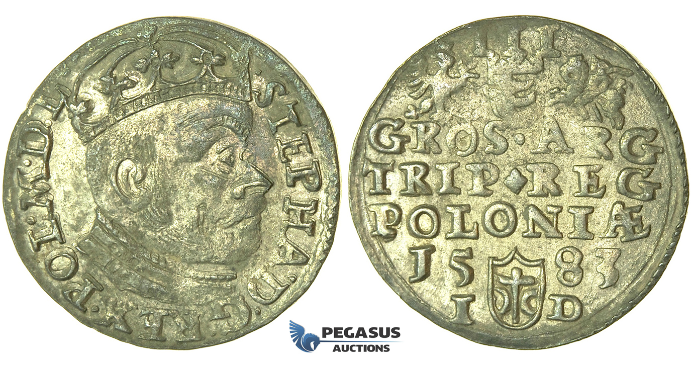 T200, Poland, Stefan Bathory, 3 Groschen (Trojak) 1583 I/D, Olkusz, Silver (2.36g) High Grade, Dark Toning!