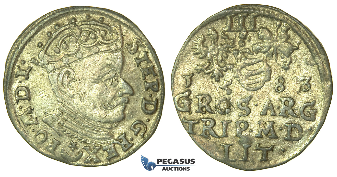 T201, Poland (for Lithuania) Stefan Bathory, 3 Groschen (Trojak) 1583, Vilnius, Silver (2.28g) High Grade!