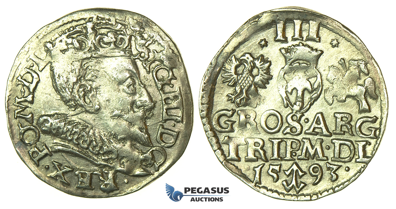 T206, Poland (for Lithuania) Sigismund III, 3 Groschen (Trojak) 1593, Vilnius, Silver (2.32g) High Grade!