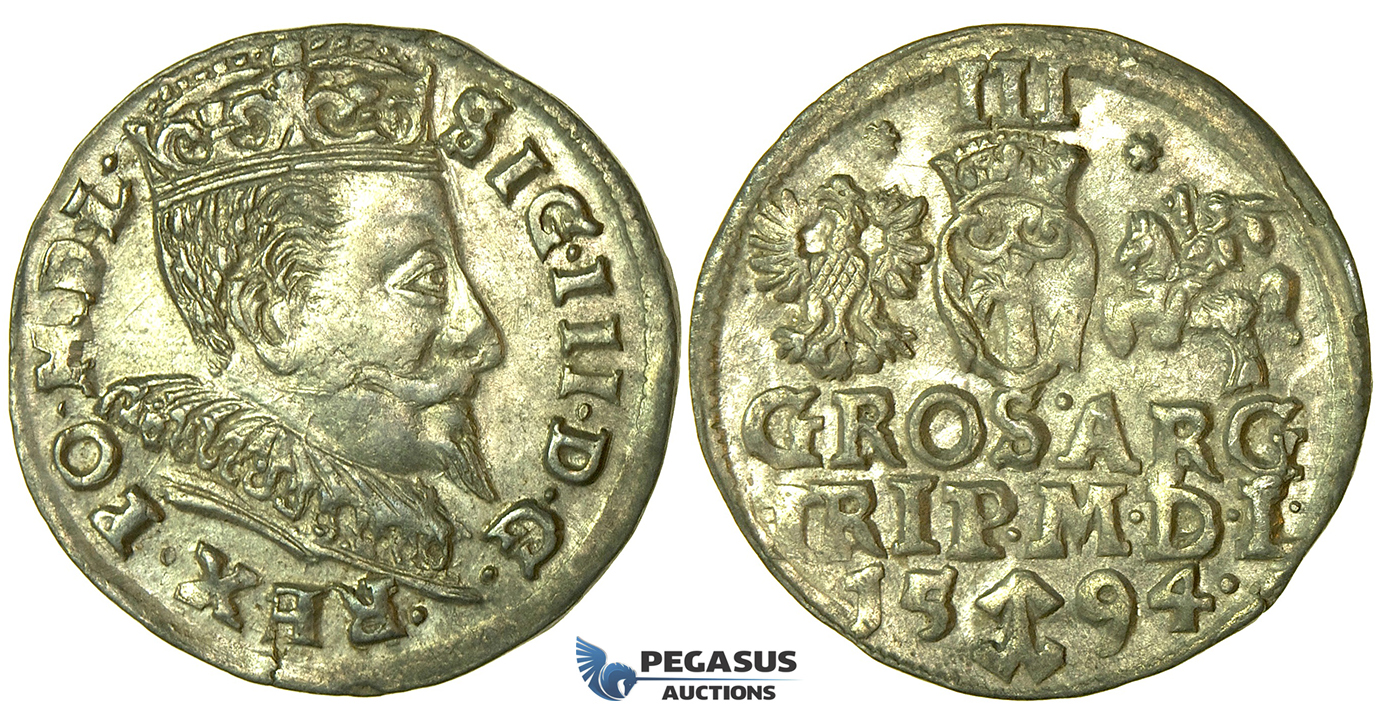 T207, Poland (for Lithuania) Sigismund III, 3 Groschen (Trojak) 1594, Vilnius, Silver (2.21g) High Grade!