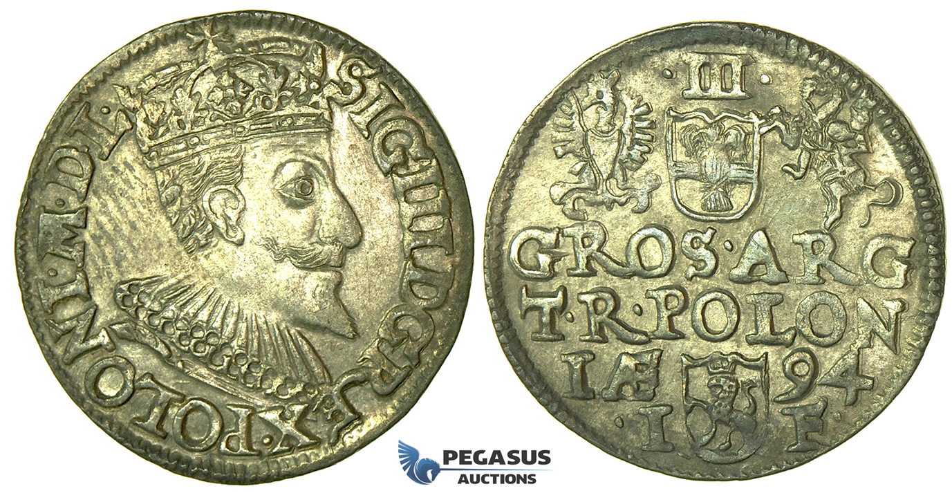 T208, Poland, Sigismund III, 3 Groschen (Trojak) 1594 I/F, Olkusz, Silver (2.32g) High Grade!