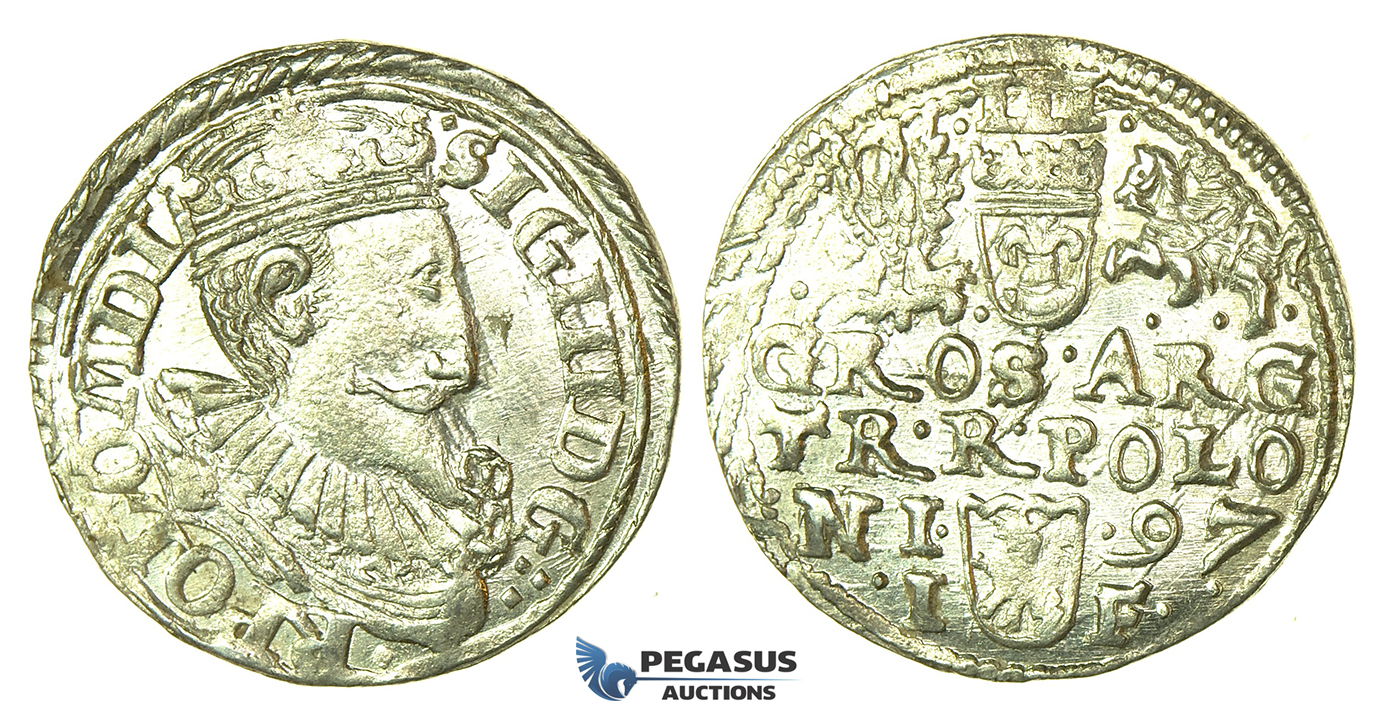 T213, Poland, Sigismund III, 3 Groschen (Trojak) 1597 I/F, Olkusz, Silver (2.27g) Top Grade!