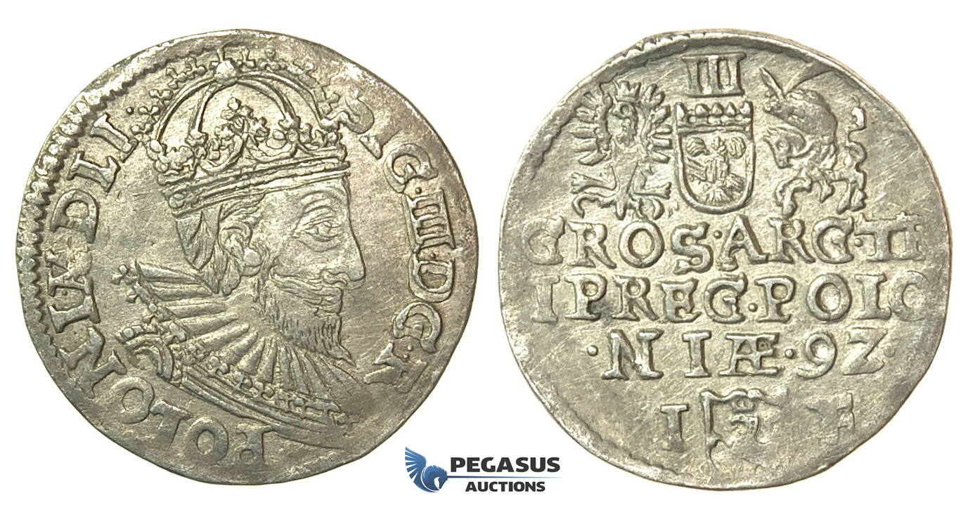 T26, Poland, Sigismund III, 3 Groschen (Trojak) 1592 I/F, Olkusz, Silver (2.32g)