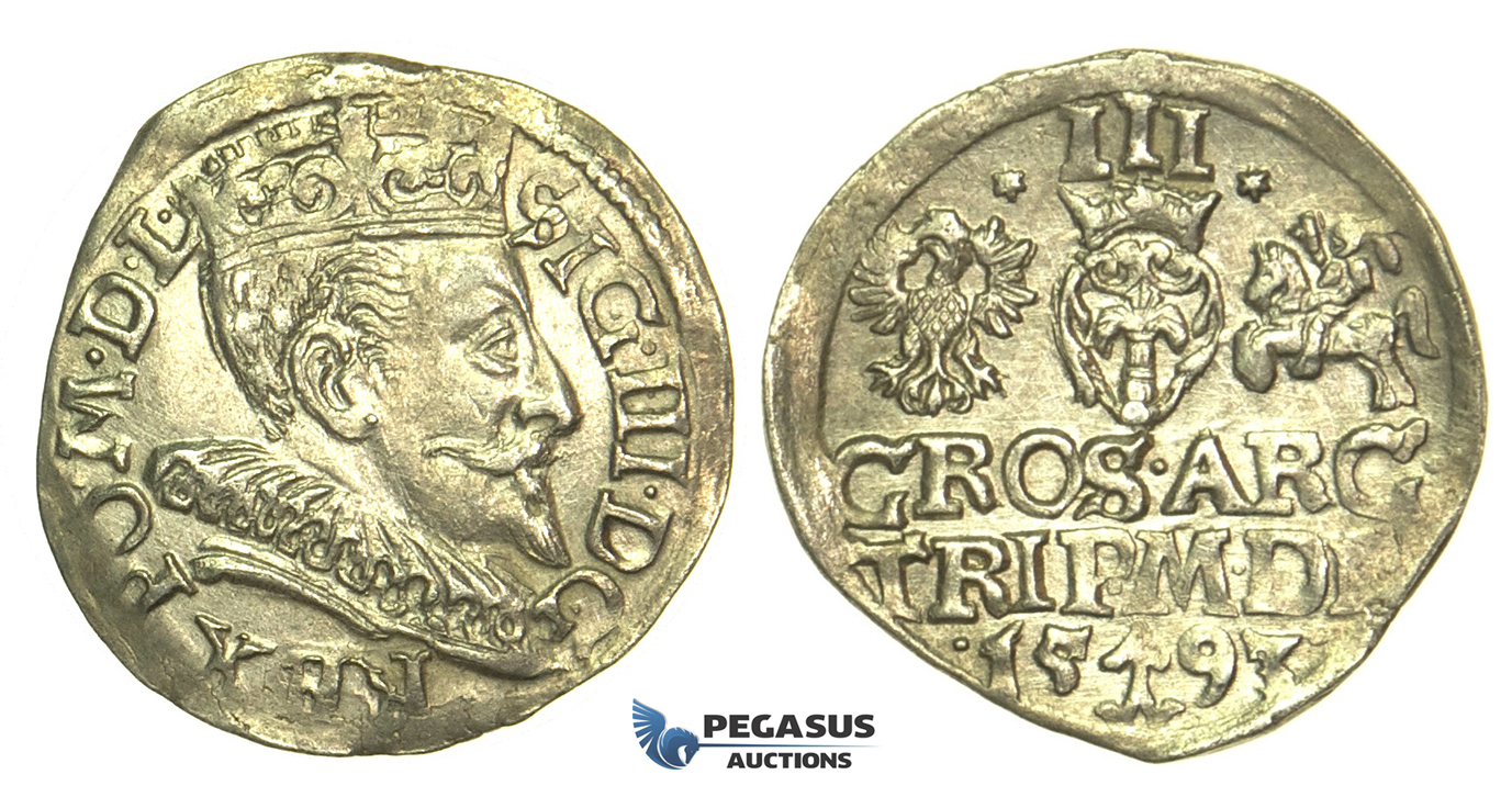 T28, Poland (for Lithuania) Sigismund III, 3 Groschen (Trojak) 1593, Vilnius, Silver (2.16g) aUNC