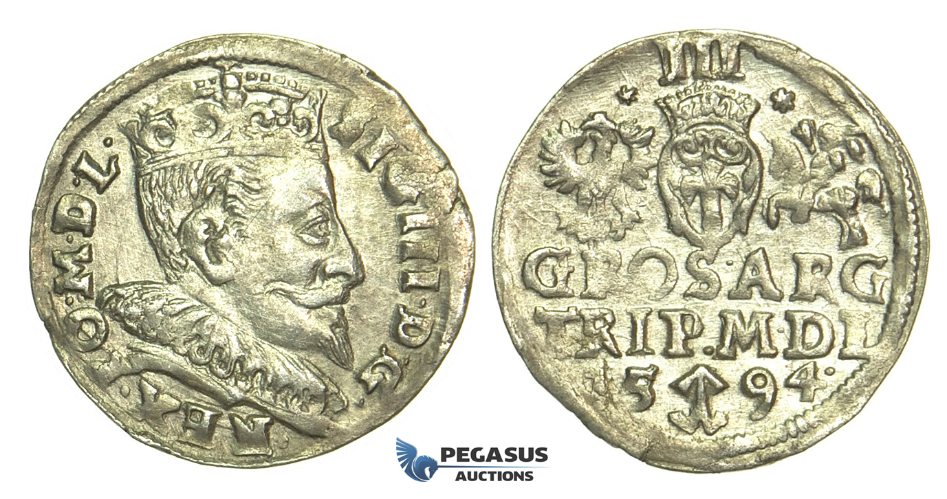 T30, Poland (for Lithuania) Sigismund III, 3 Groschen (Trojak) 1594, Vilnius, Silver (2.28g) High Grade!