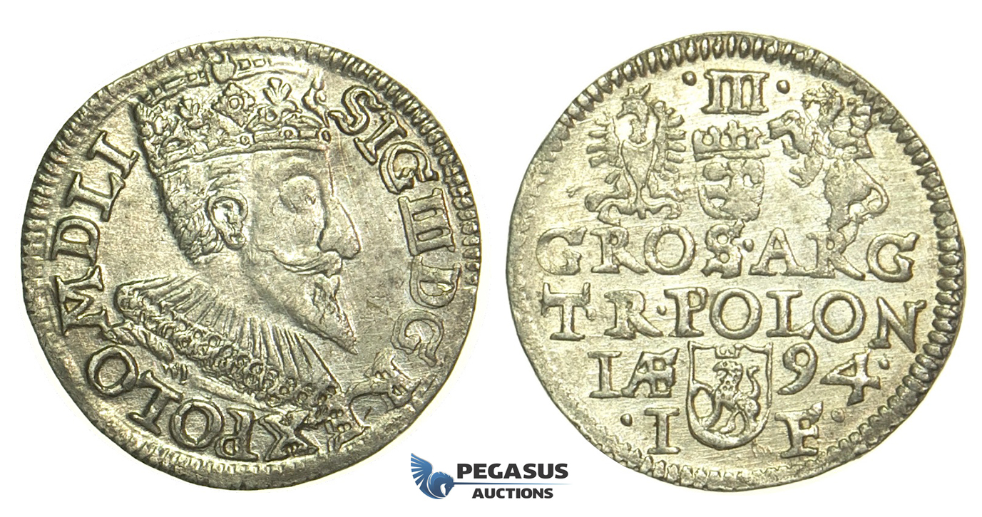 T34, Poland, Sigismund III, 3 Groschen (Trojak) 1594 I/F, Olkusz, Silver (2.37g) aUNC