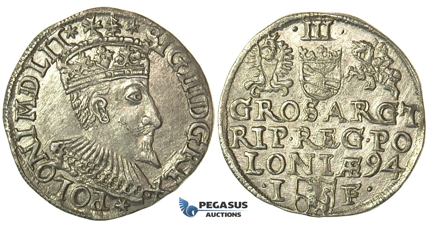 T36, Poland, Sigismund III, 3 Groschen (Trojak) 1594 I/F, Olkusz, Silver (2.21g) Rare!