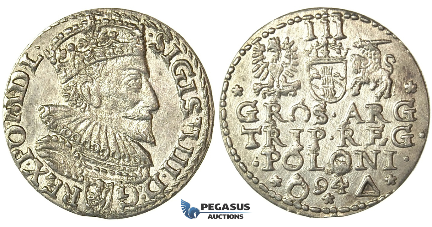 T42, Poland, Sigismund III, 3 Groschen (Trojak) 1594, Malbork (Marienburg) Silver (2.25g) Rare!