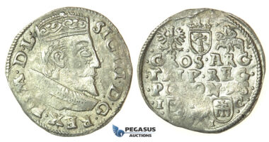 T47, Poland, SIgismund III, 3 Groschen (Trojak) 1595 I/F S/C V/I, Bydgoszcz (Bromberg) Silver (2.25g)