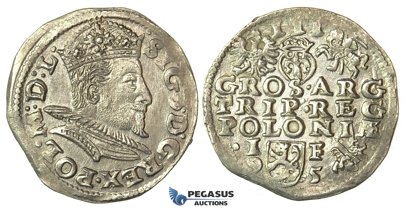 T50, Poland, Sigismund III, 3 Groschen (Trojak) 1595 I/F, Lublin, Silver (2.31g) High Grade!