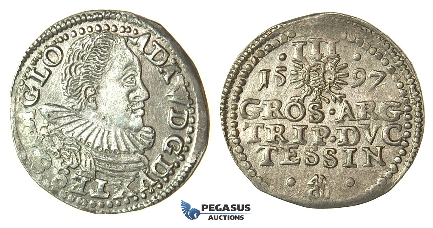 T65, Poland, Duchy of Cieszyn (Silesia) Adam Waclav, 3 Groschen (Trojak) 1597, Silver (2.25g)
