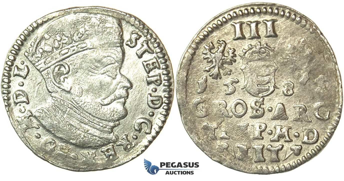T74, Poland (for Lithuania) Stefan Bathory, 3 Groschen (Trojak) 1585, Vilnius, Silver (2.29g)