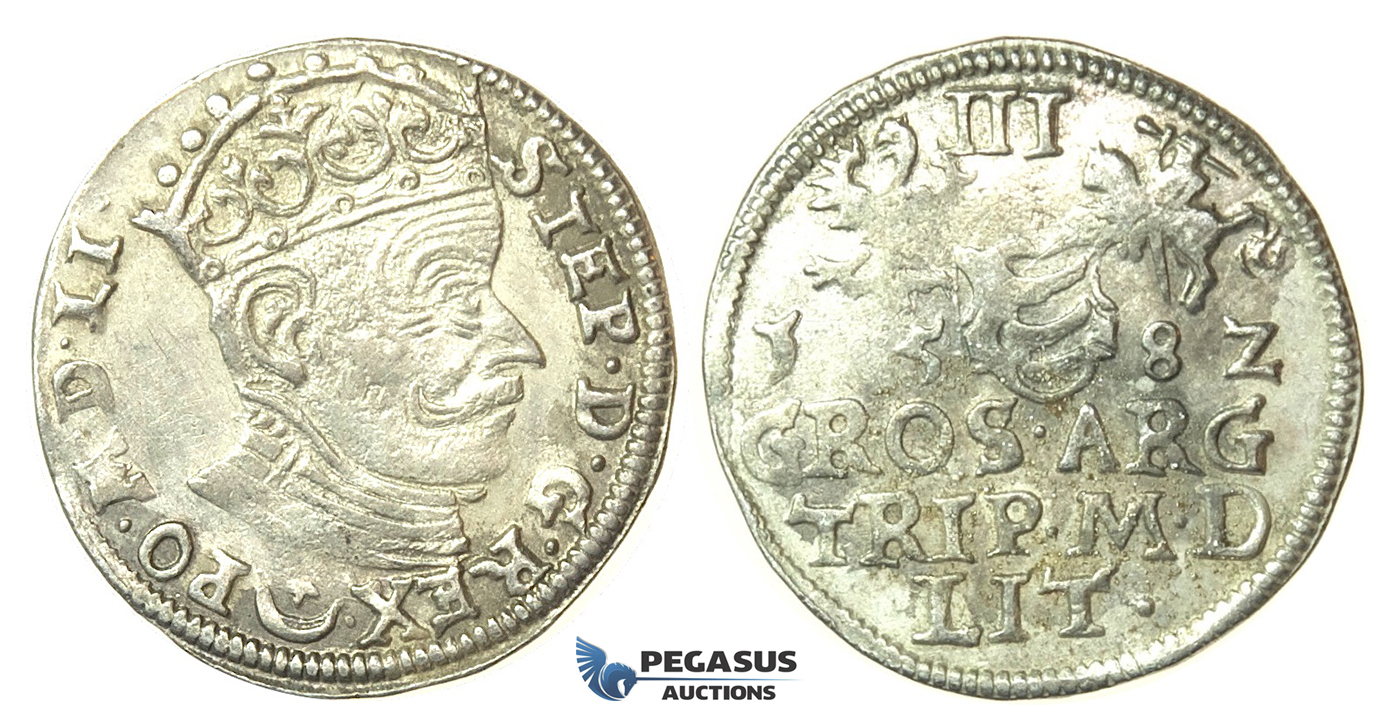 T80, Poland (for Lithuania) Stefan Bathory, 3 Groschen (Trojak) 1582, Vilnius, Silver (2.37g)
