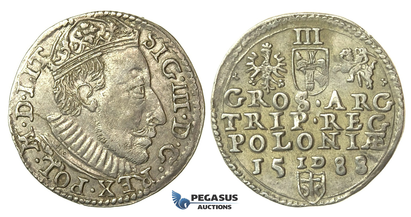 T83, Poland, Sigismund III, 3 Groschen (Trojak) 1588-ID, Olkusz, Silver (2.34g) Rare!