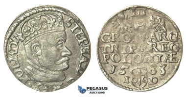 T84, Poland, Stefan Bathory, 3 Groschen (Trojak) 1583 I/D, Olkusz, Silver (2.22g)