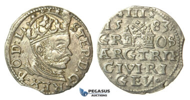 T89, Poland (for Riga) Stefan Bathory, 3 Groschen (Trojak) 1583, Riga, Silver (2.17g) High Grade!