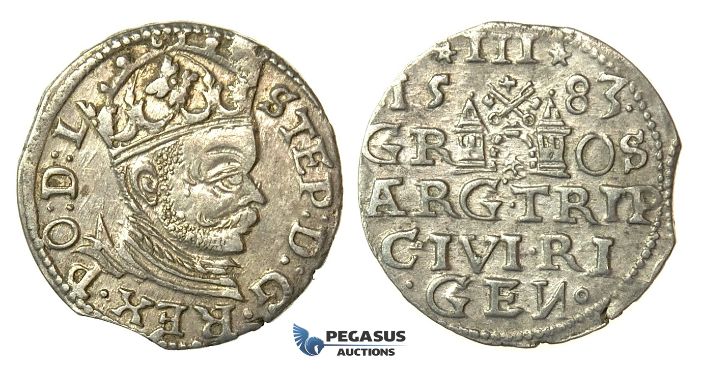 T89, Poland (for Riga) Stefan Bathory, 3 Groschen (Trojak) 1583, Riga, Silver (2.17g) High Grade!
