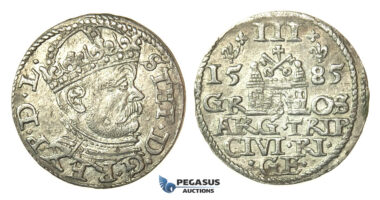 T91, Poland (for Riga) Stefan Bathory, 3 Groschen (Trojak) 1585, Riga, Silver (2.24g) High Grade!