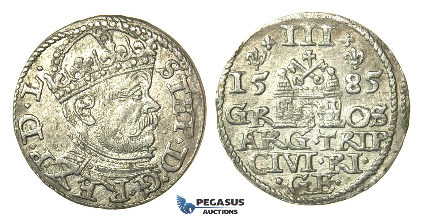 T91, Poland (for Riga) Stefan Bathory, 3 Groschen (Trojak) 1585, Riga, Silver (2.24g) High Grade!