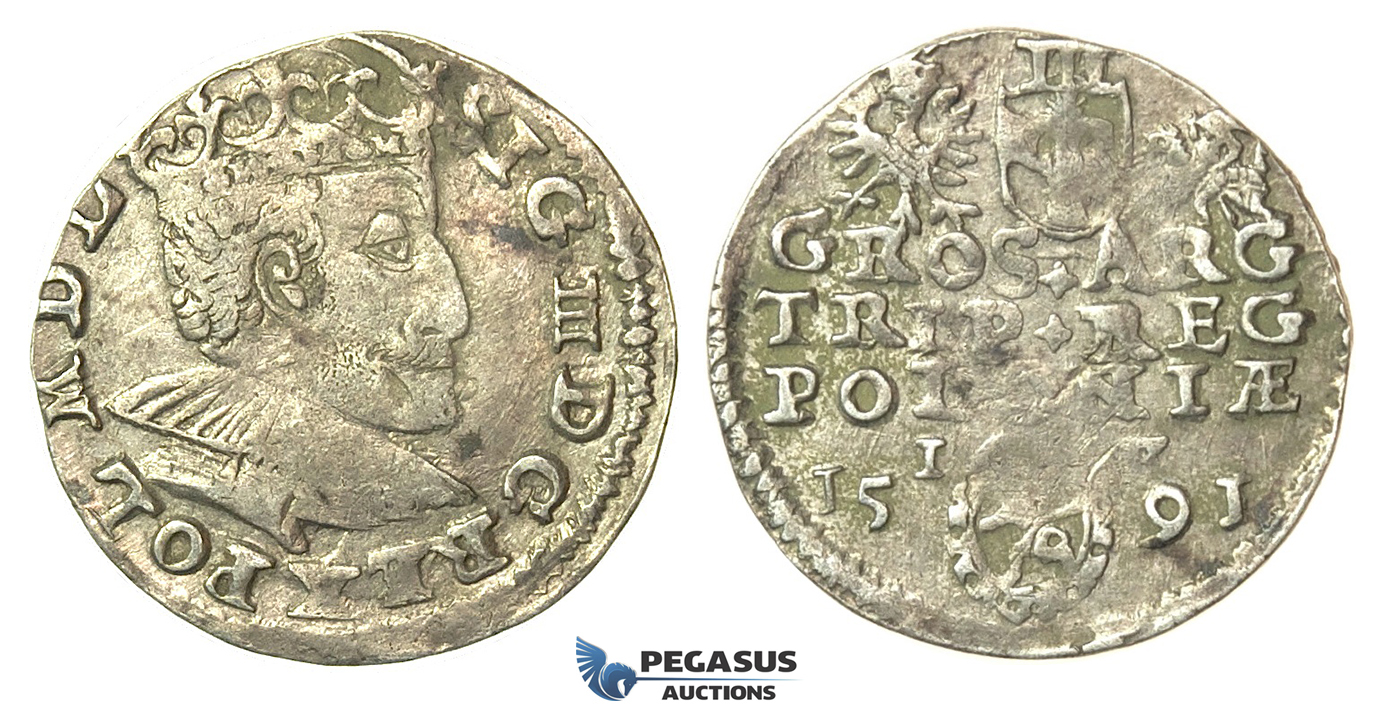 T93, Poland, Sigismund III, 3 Groschen (Trojak) 1591 I/F, Olkusz, Silver (2.40g)