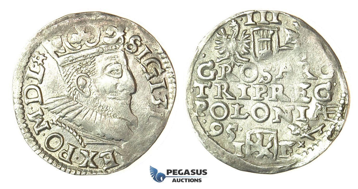 T95, Poland, Sigismund III, 3 Groschen (Trojak) 1595 I/F, Poznan (Posen) Silver (2.44g)