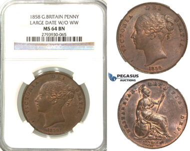 U01, Great Britain, Victoria, Penny 1858 (Large Date, W/O WW) NGC MS64BN
