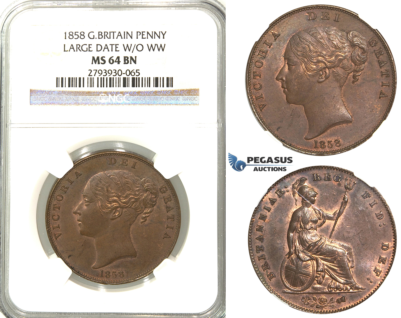 U01, Great Britain, Victoria, Penny 1858 (Large Date, W/O WW) NGC MS64BN