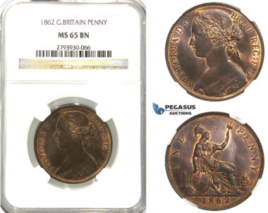 U02, Great Britain, Victoria, Penny 1862, NGC MS65BN