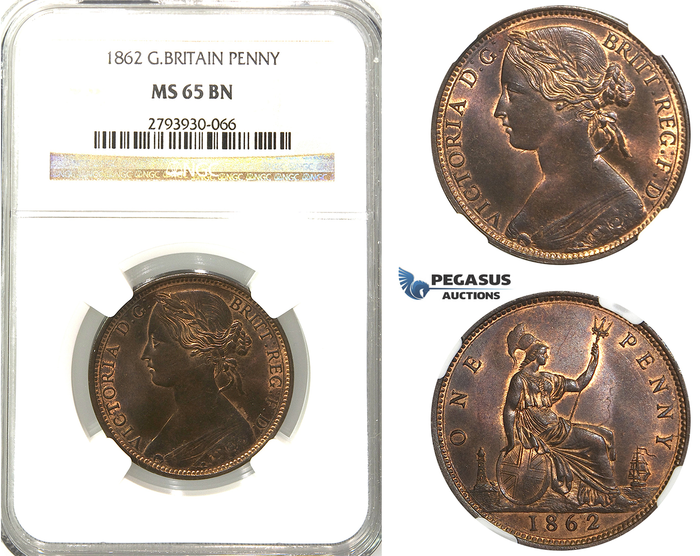 U02, Great Britain, Victoria, Penny 1862, NGC MS65BN