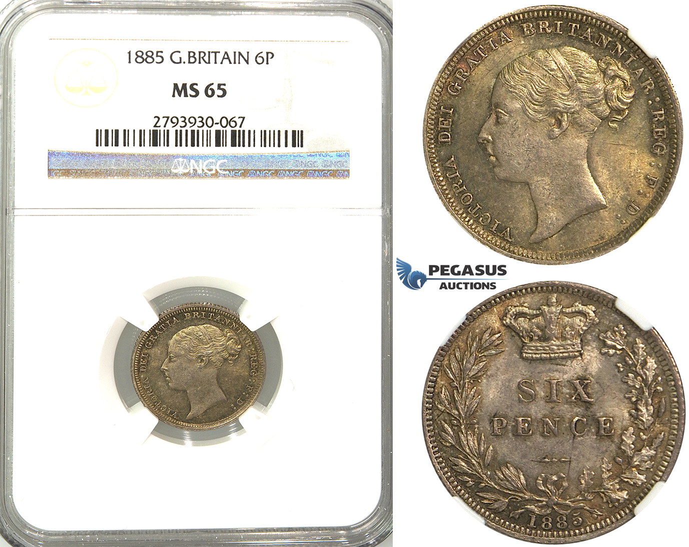 U04, Great Britain, Victoria, Sixpence 1885, Silver, NGC MS65 (Rainbow toning)
