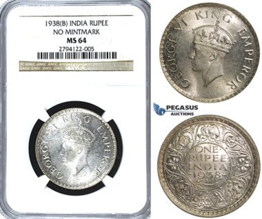 U39, India (British) George VI, Rupee 1938 (B) Bombay (No Mintmark) Silver, NGC MS64