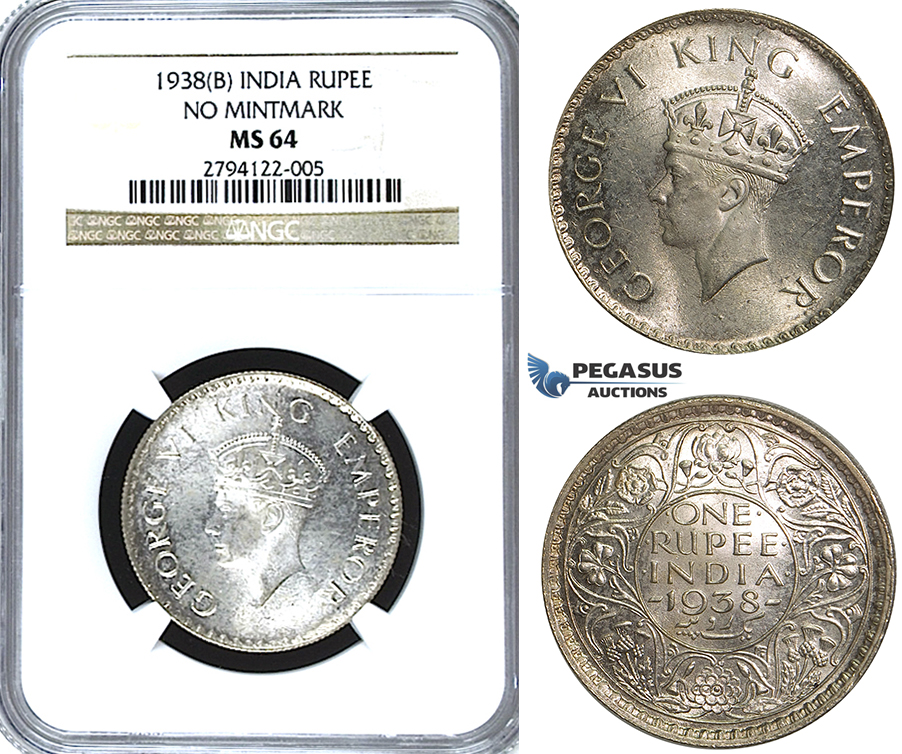 U39, India (British) George VI, Rupee 1938 (B) Bombay (No Mintmark) Silver, NGC MS64
