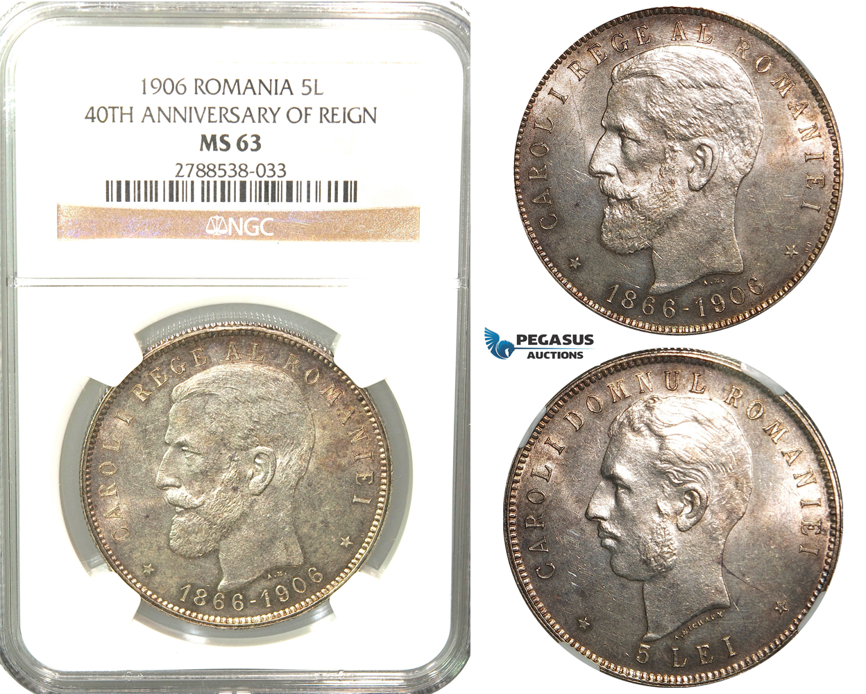 U90, Romania, Carol I, 5 Lei 1906 (40th Anniversary) Brussels, Silver, NGC MS63