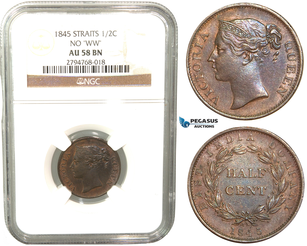 V50, Straits Settlements, Victoria, 1/2 Cent 1845 "No WW" NGC AU58BN