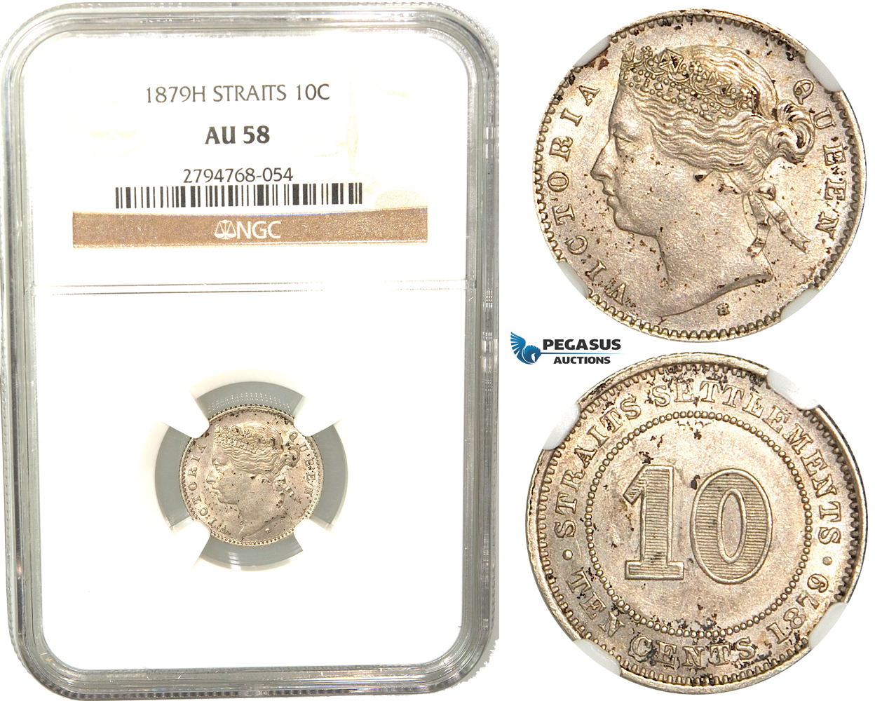 V54, Straits Settlements, Victoria, 10 Cents 1879-H, Heaton, Silver, NGC AU58