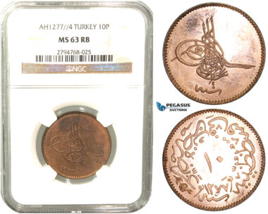 V59, Ottoman Empire, Turkey, Abdülaziz, 10 Para AH1277/4, NGC MS63RB (Wrongly attributed as MS, this is PF)