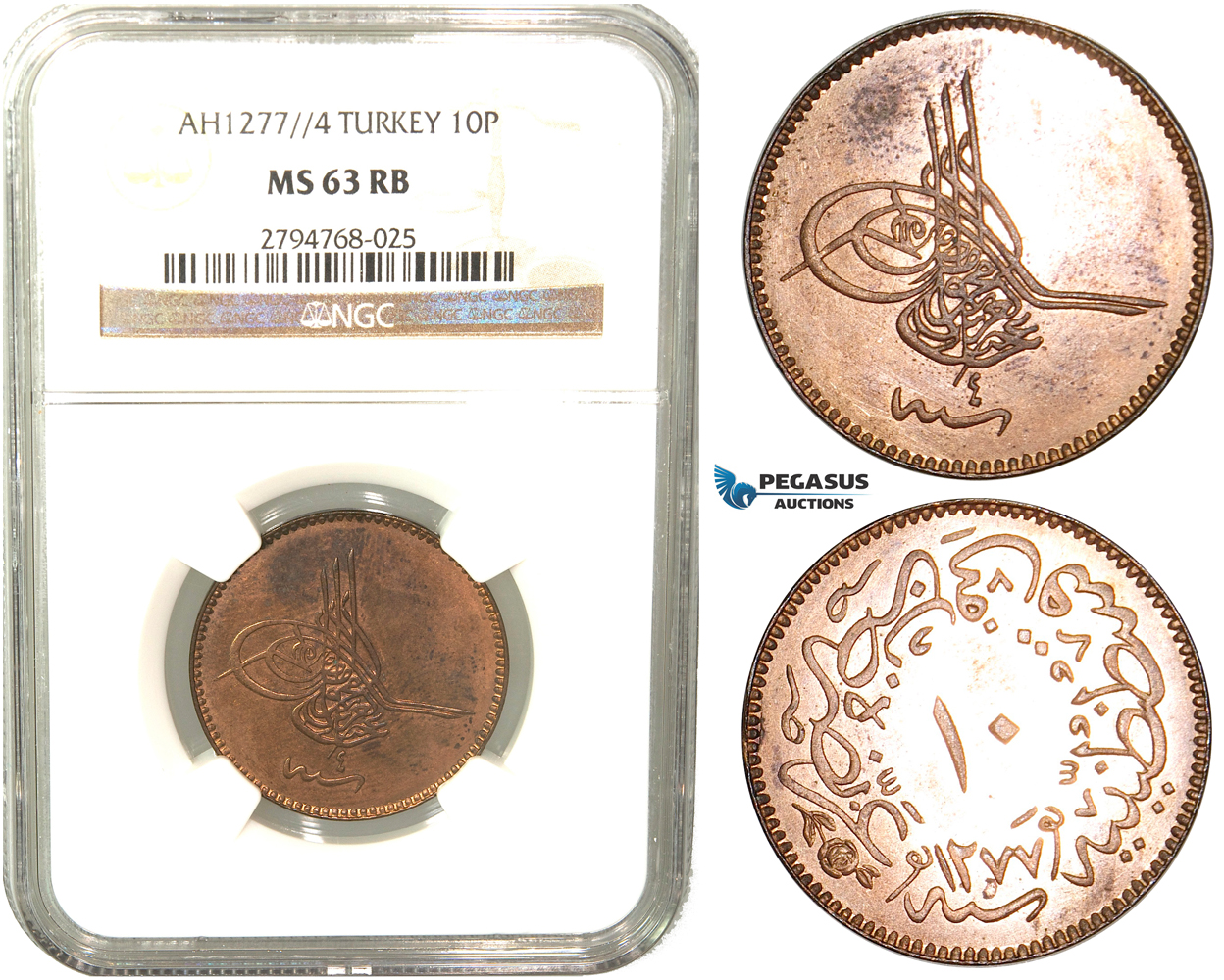 V59, Ottoman Empire, Turkey, Abdülaziz, 10 Para AH1277/4, NGC MS63RB (Wrongly attributed as MS, this is PF)