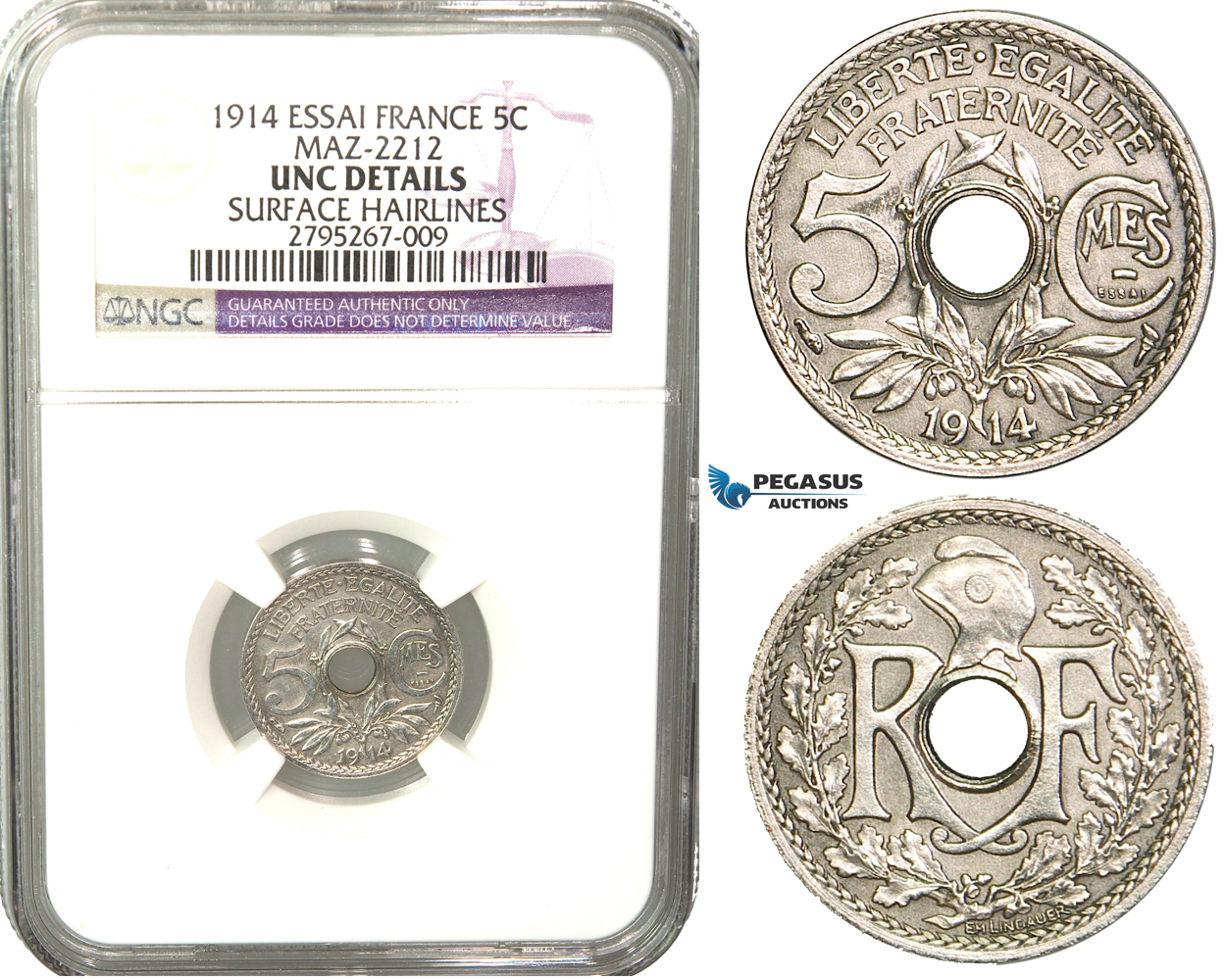 W19, France, Third Republic, Essai 5 Centimes 1914, Paris, Nickel (3.00g) Maz. 2212, NGC UNC, Extremely Rare!