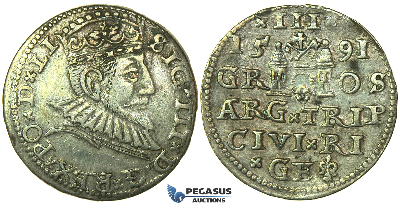 W205, Poland (for Riga) Sigismund III, 3 Groschen (Trojak) 1591, Riga, Silver (2.30g)