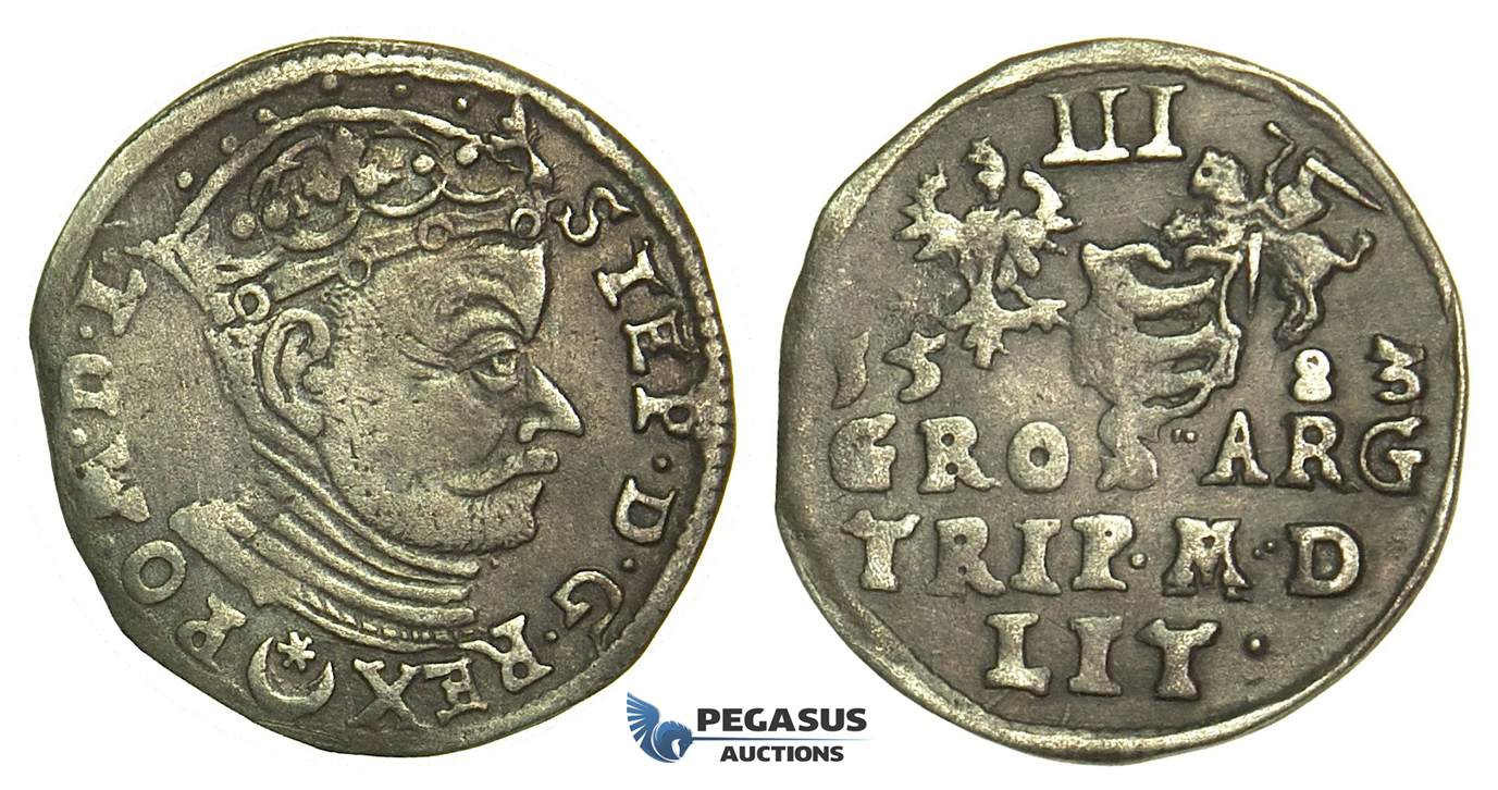 W220, Poland (for Lithuania) Stefan Bathory, 3 Groschen (Trojak) 1583, Vilnius, Silver (2.26g) Dark Toning!