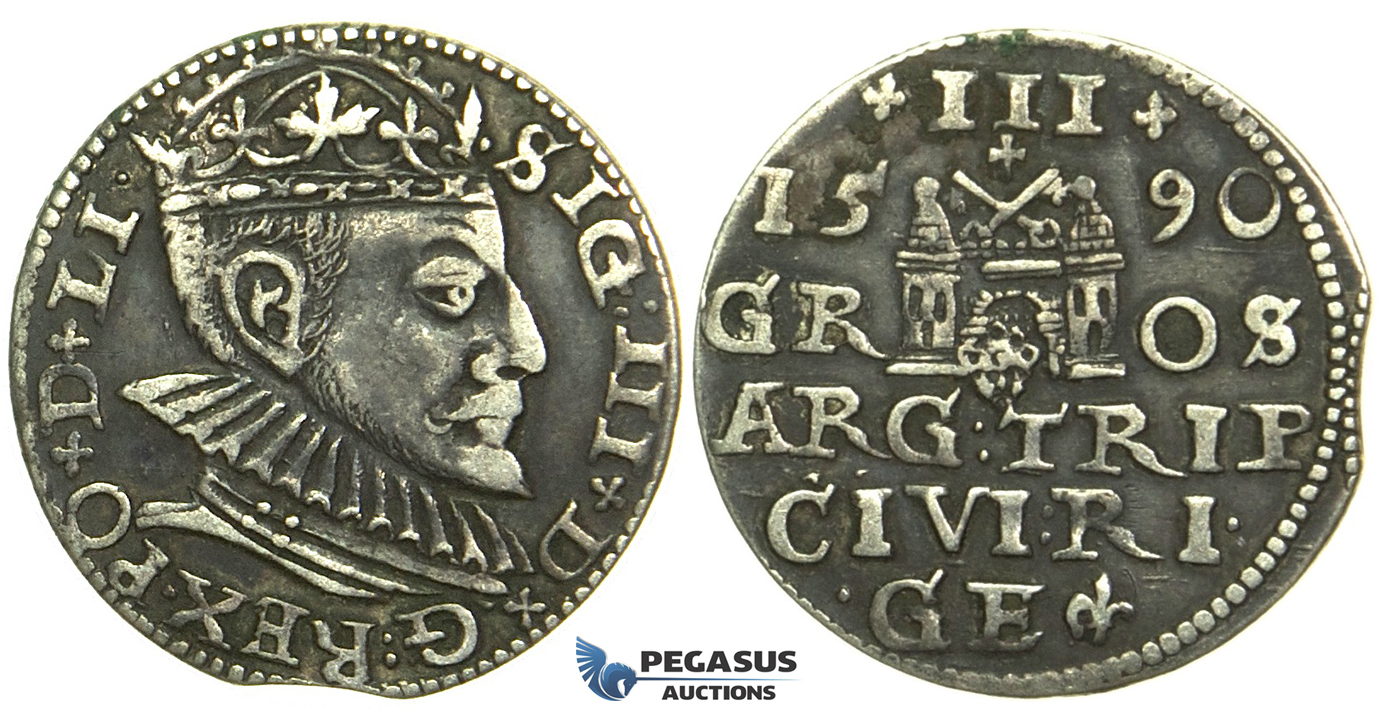 W222, Poland (for Riga) Sigismund III, 3 Groschen (Trojak) 1590, Riga, Silver (2.22g) Rare!