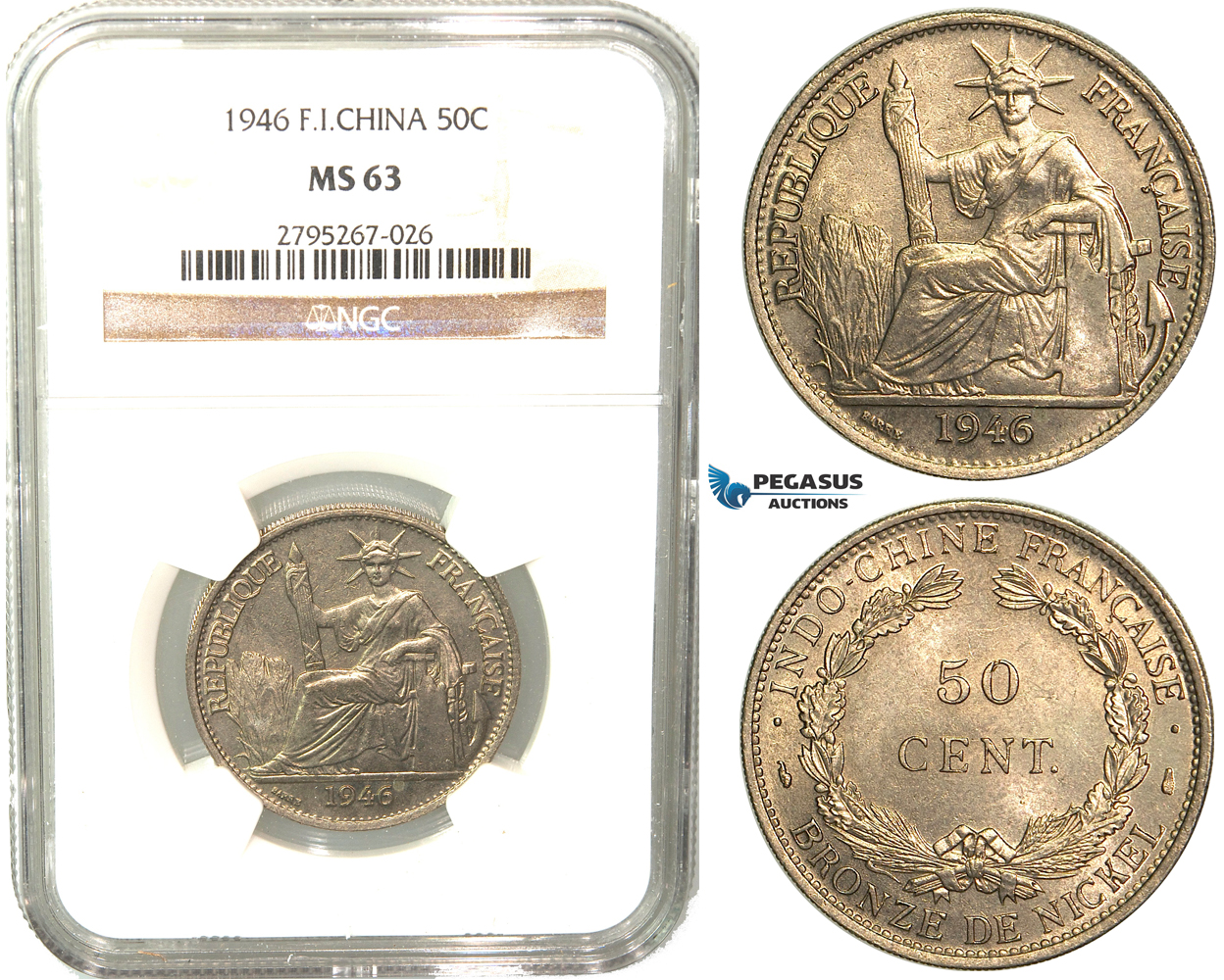 W36, French Indo-China, 50 Centimes 1946, Paris, NGC MS63