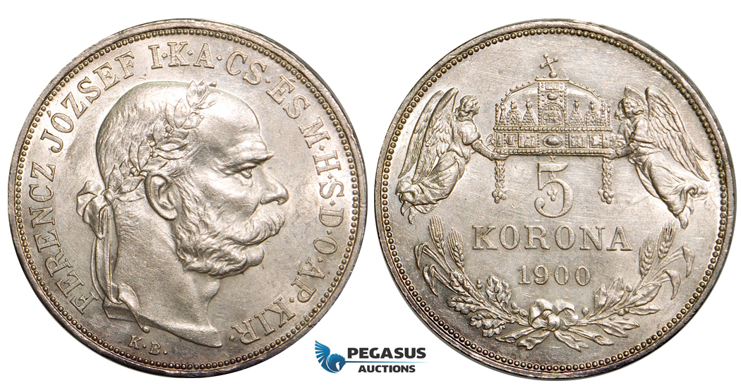 W47, Hungary, Franz Joseph, 5 Korona 1900-KB, Kremnitz, Silver, UNC (Cleaned)