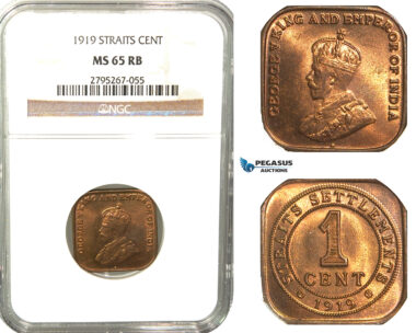 W65, Straits Settlements, George V, 1 Cent 1919, NGC MS65RB