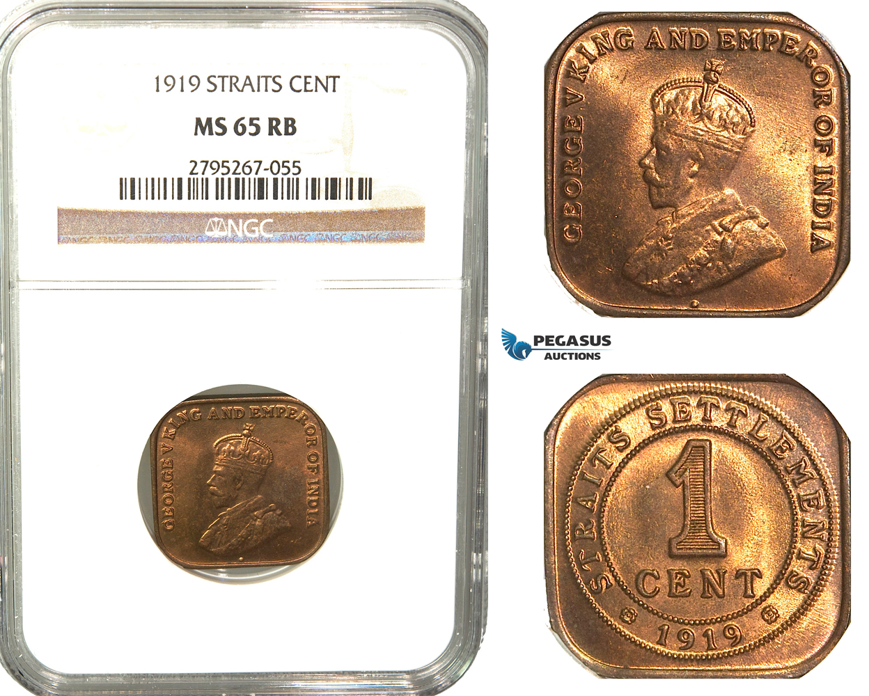W65, Straits Settlements, George V, 1 Cent 1919, NGC MS65RB