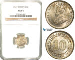 W67, Straits Settlements, George V, 10 Cents 1927, Silver, NGC MS64